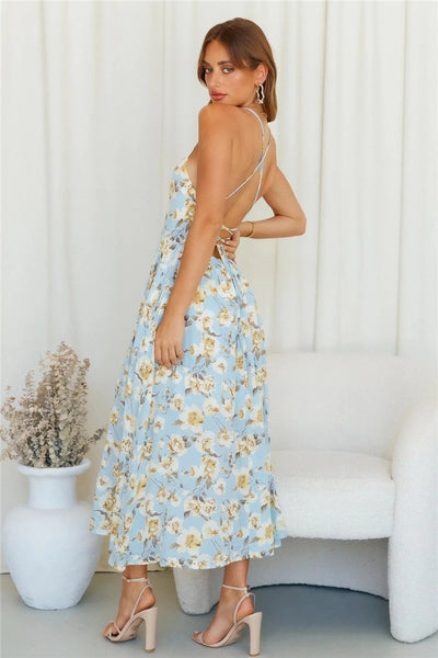 Blue Floral Backless Dress