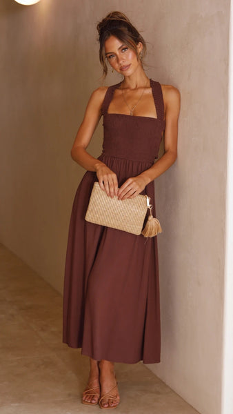 Brown Minimal Sleeveless Midi Dress