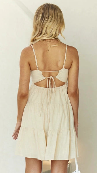 Beige Solid Back Tie Slip Dress