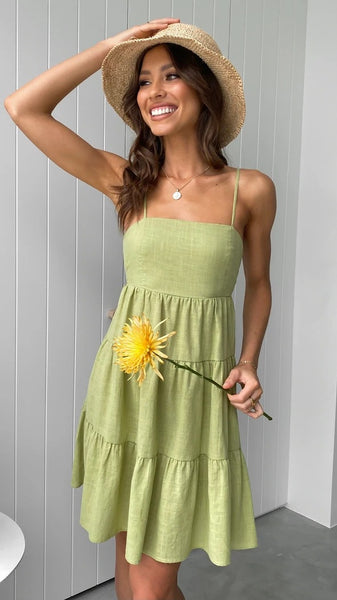 Green Solid Back Tie Slip Dress