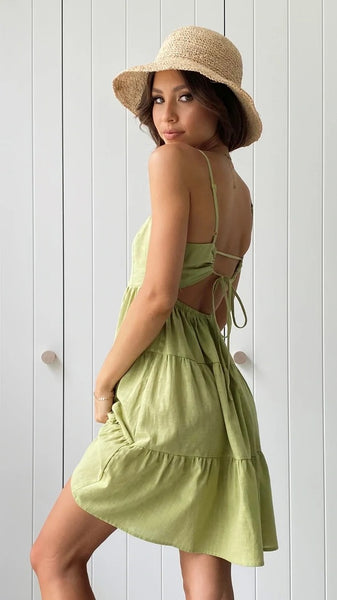 Green Solid Back Tie Slip Dress