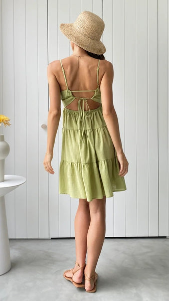 Green Solid Back Tie Slip Dress