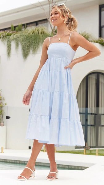 Light Blue Tiered Slip Midi Dress