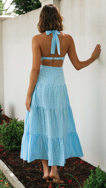 Blue Plaid Textured Halter Dress
