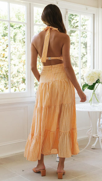 Orange Plaid Textured Halter Dress