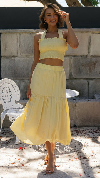 Yellow Smocked Crop Top and Skirt Sets