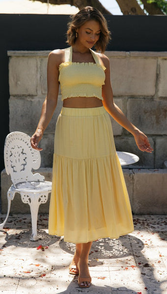 Yellow Smocked Crop Top and Skirt Sets
