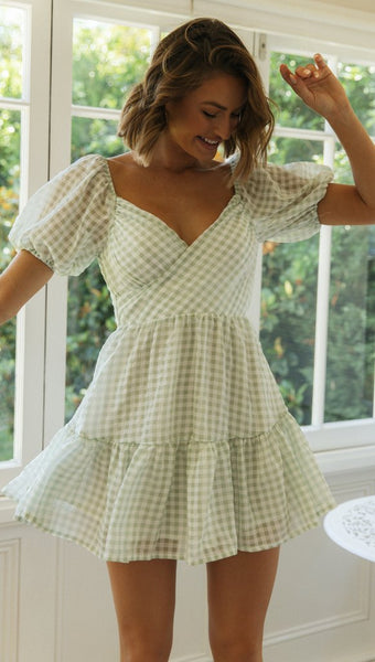 Green Plaid Surplice Mini Dress
