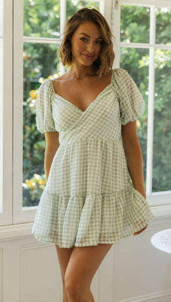 Green Plaid Surplice Mini Dress