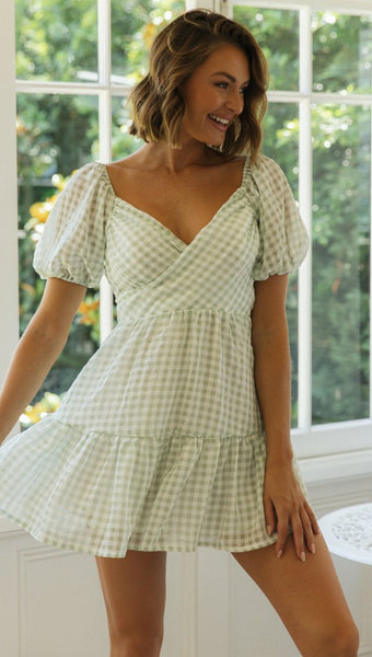 Green Plaid Surplice Mini Dress