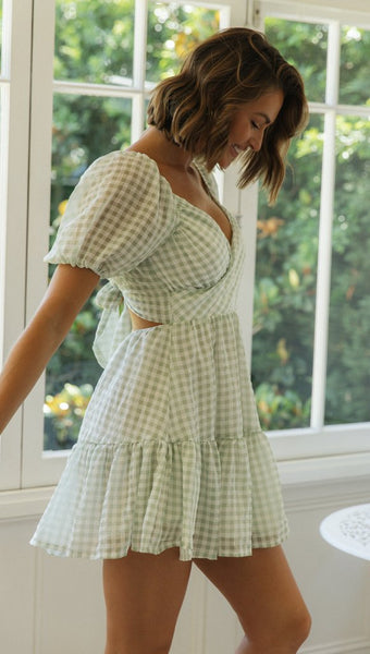 Green Plaid Surplice Mini Dress