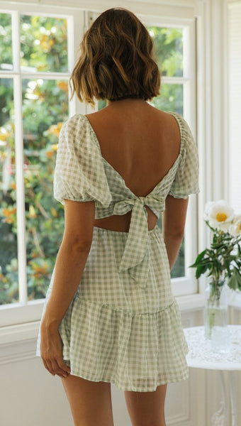 Green Plaid Surplice Mini Dress