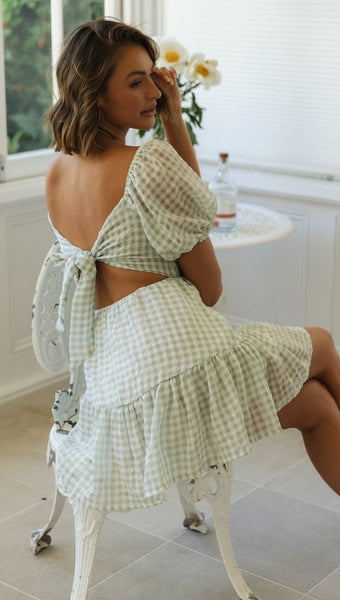 Green Plaid Surplice Mini Dress