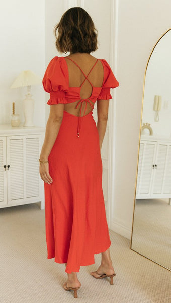 Red Back Tie Midi Dress