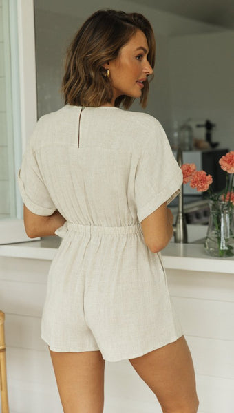 Beige Surplice Waist Tie Romper