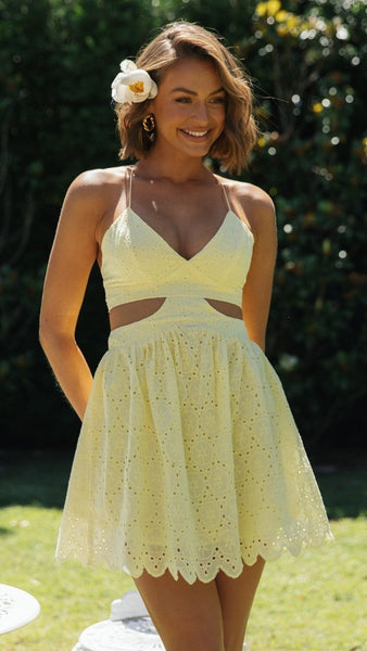 Yellow Crochet Lace Cutout Mini Dress