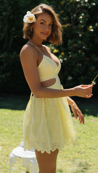 Yellow Crochet Lace Cutout Mini Dress