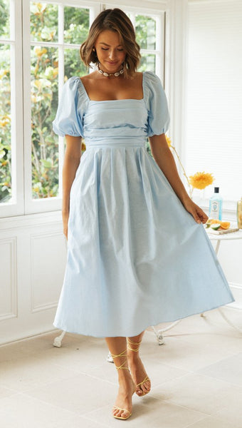 Blue Pleated Square Neckline Midi Dress