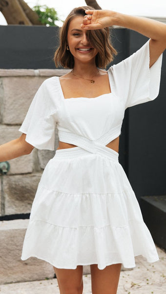 White Cutout Waist Mini Dress