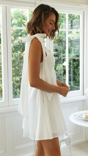 White Shoulder Tie Mini Dress