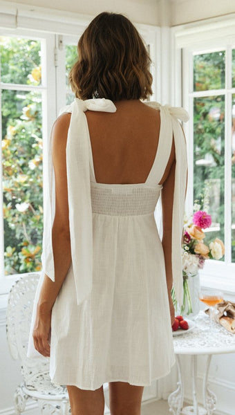 White Shoulder Tie Mini Dress