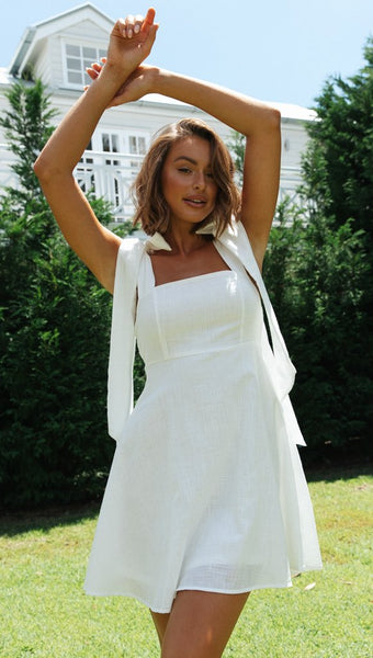 White Shoulder Tie Mini Dress
