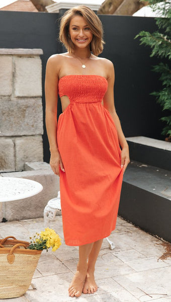 Orange Smocked Off Shoulder Midi Dress