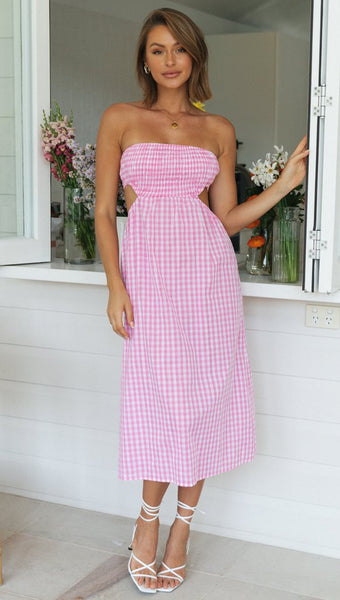 Pink Plaid Smocked Off Shoulder Midi Dress
