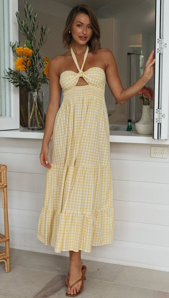 Yellow Plaid Halter Midi Dress