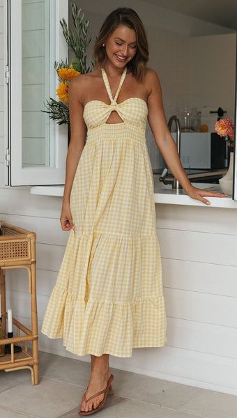 Yellow Plaid Halter Midi Dress