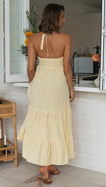 Yellow Plaid Halter Midi Dress