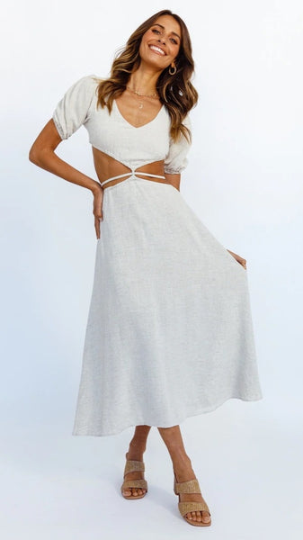 Beige Cutout Waist Midi Dress