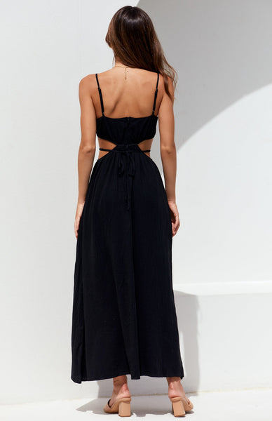 Black Minimal Cutout Waist Midi Dress