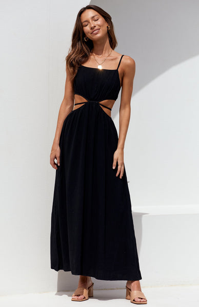 Black Minimal Cutout Waist Midi Dress