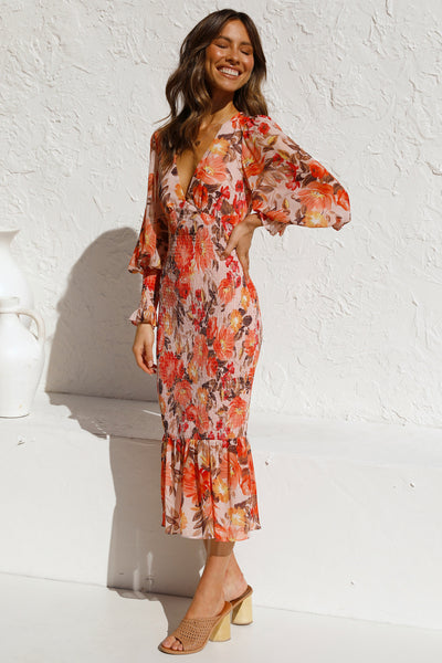 Orange Floral Long Sleeves Bodycon Midi Dress