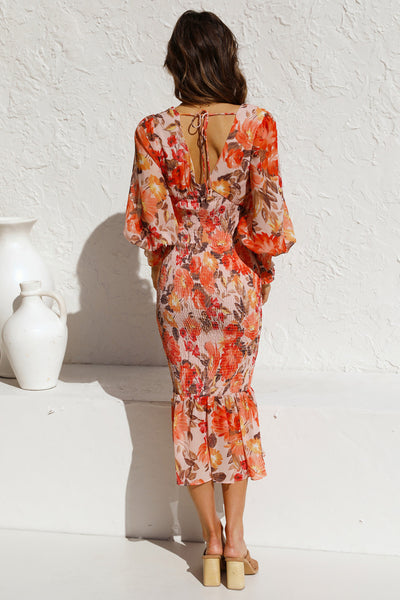 Orange Floral Long Sleeves Bodycon Midi Dress