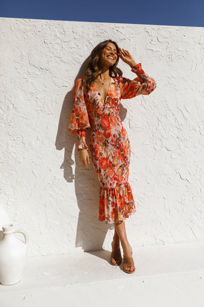 Orange Floral Long Sleeves Bodycon Midi Dress