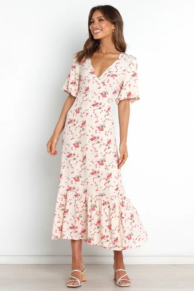 Beige Floral Surplice Midi Dress
