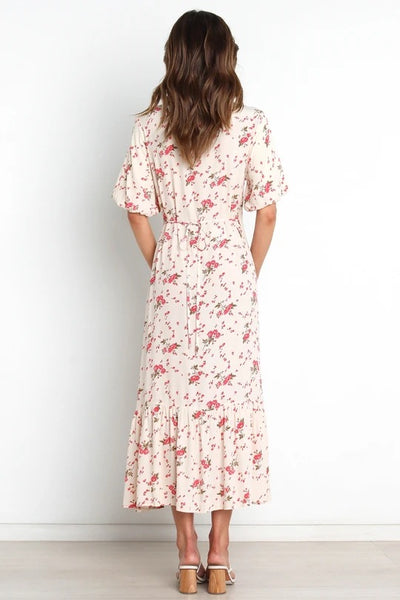 Beige Floral Surplice Midi Dress