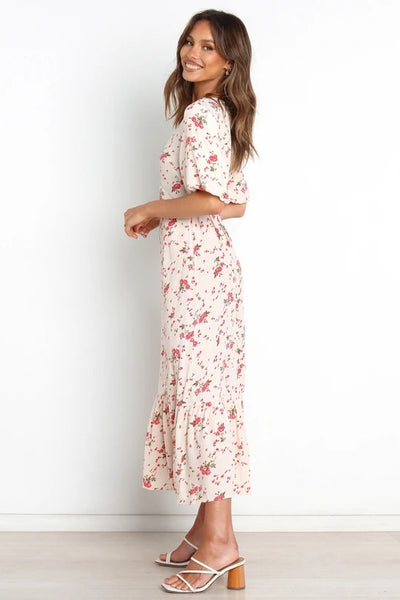 Beige Floral Surplice Midi Dress