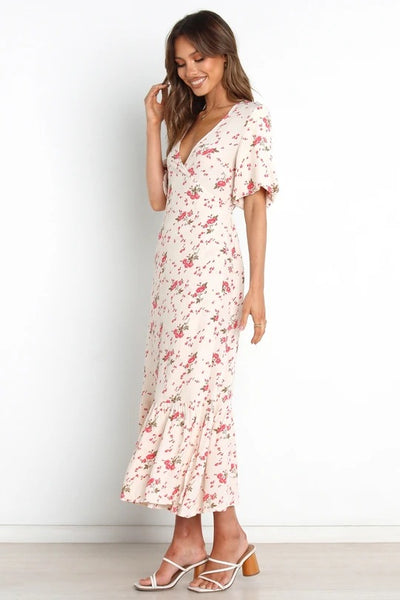 Beige Floral Surplice Midi Dress