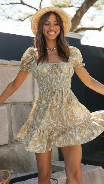 Olive Green Floral Mini Dress