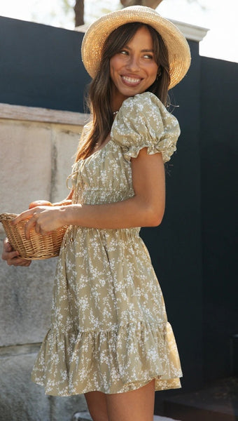 Olive Green Floral Mini Dress