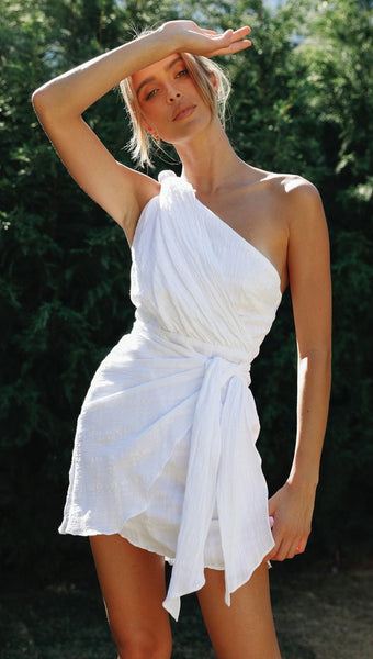 White One Shoulder Waist Tie Mini Dress