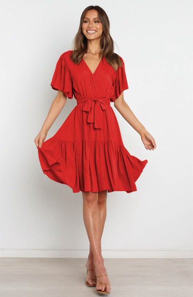 Red Waist Tie Surplice Dress