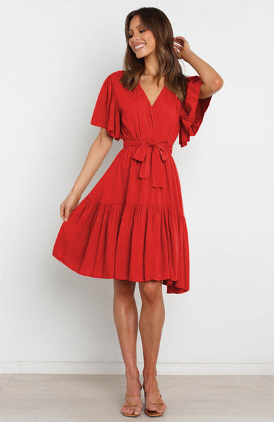 Red Waist Tie Surplice Dress