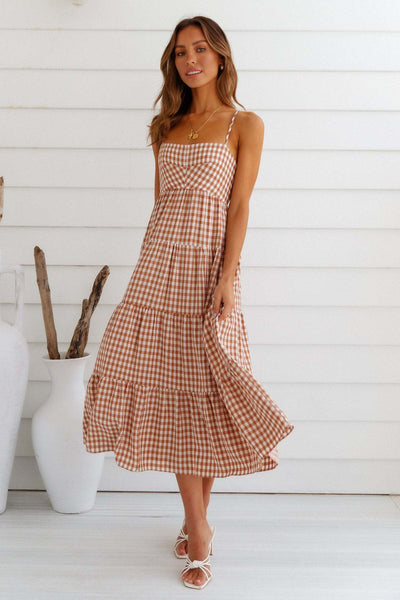 Coffee Plaid Backless Midi Dress