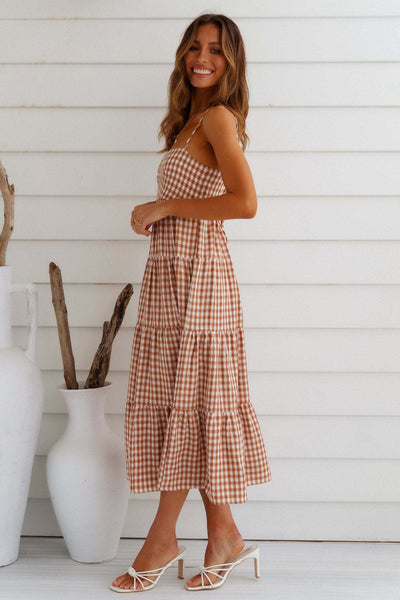 Coffee Plaid Backless Midi Dress
