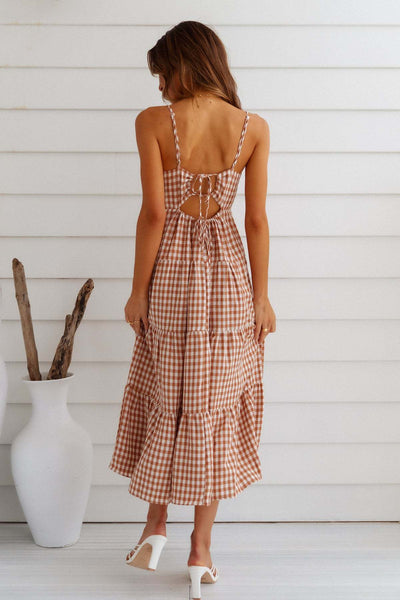 Coffee Plaid Backless Midi Dress