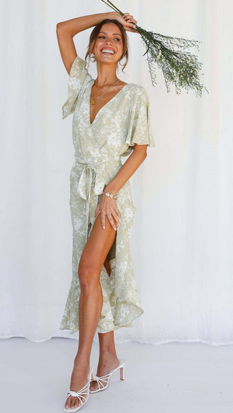 Mint Green Floral Waist Tie Midi Dress